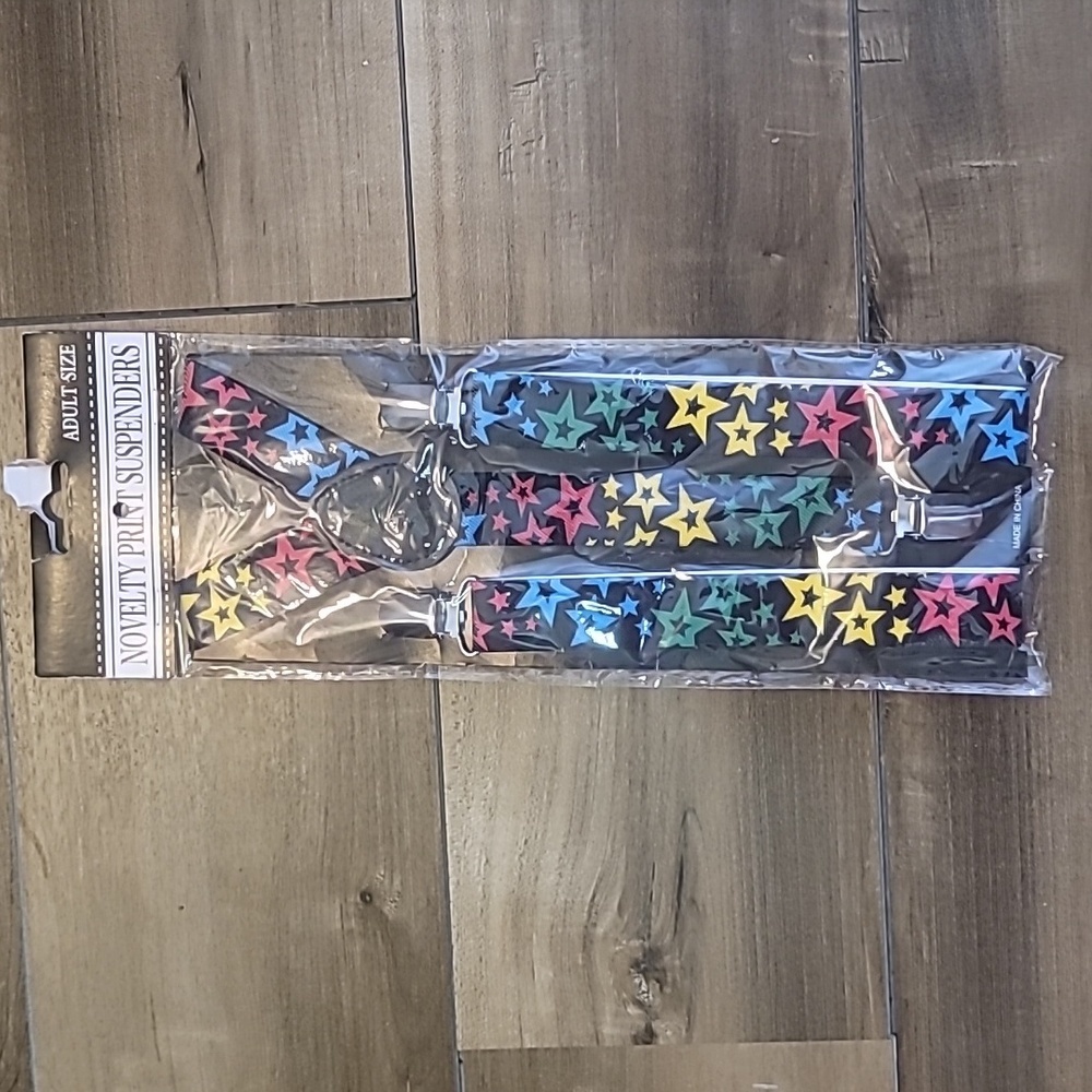 Novelty print suspenders adult size pink blue yellow green stars NWT